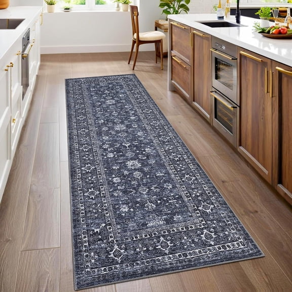 2x6 Runner Rug Washable Non Slip Stain Resistant for Hallway Kitchen Vintage Floral Blue