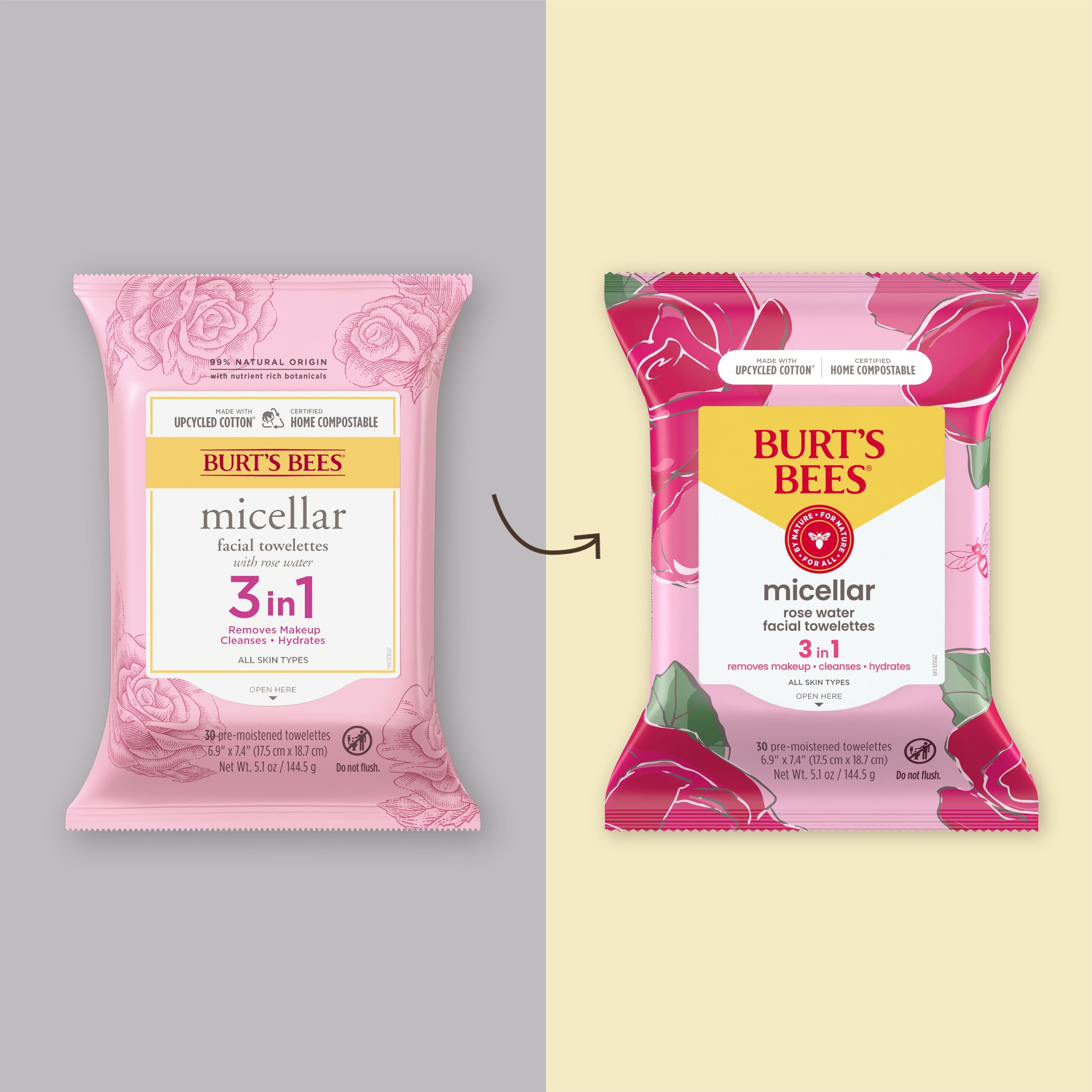Burt's Bees Micellar Facial Towelettes With Rose Water, 30 ct. Package