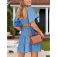 thumbnail image 5 of Weardear Women's Casual Summer Dress Square Neck Short Sleeve Crossover Waist Sexy Swing Cake Mini Dress, 5 of 6