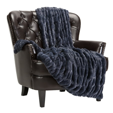 Chanasya Ruched Royal Faux Fur Throw Blanket - Fuzzy Plush Elegant Blanket for Sofa Chair Couch and Bed with Reversible Velvet Blanket (50x65 Inches) Blue Charcoal