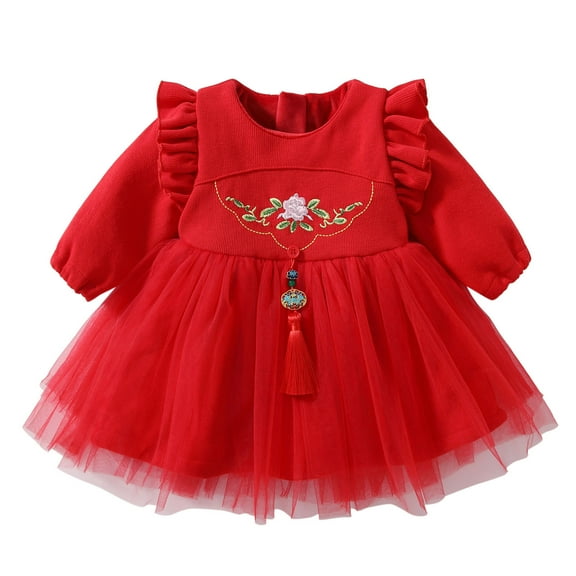 Otqutp Toddler Baby Girl Chinese Calendar New Year Dress 𝗥uffle Long Sleeve Princess Traditional Clothes Mesh Skirt 𝗧ang Suit
