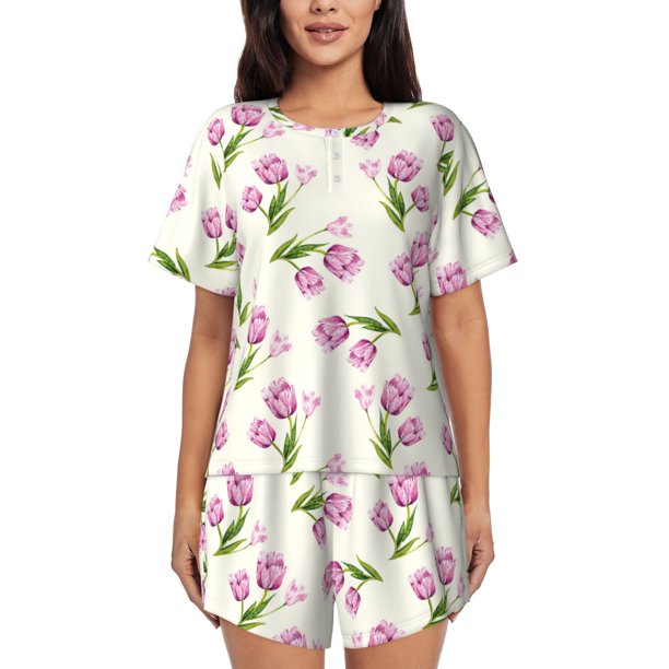 Balery Tulips Flowers Conjunto de Pijama para Mujer con Estampado, Dos Piezas de Manga Corta y Shorts, Ropa de Dormir Suave con Cuello Redondo y Bolsillos-Medium