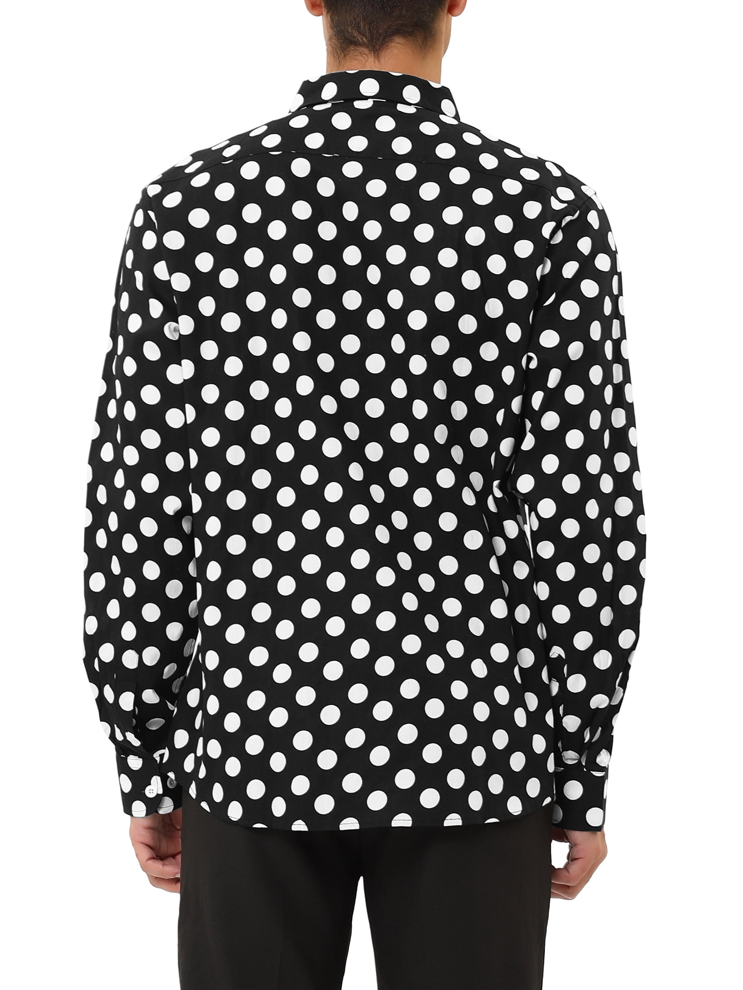 Unique Bargains Men's Long Sleeve Button Slim Polka Dots Shirt 34 Black White
