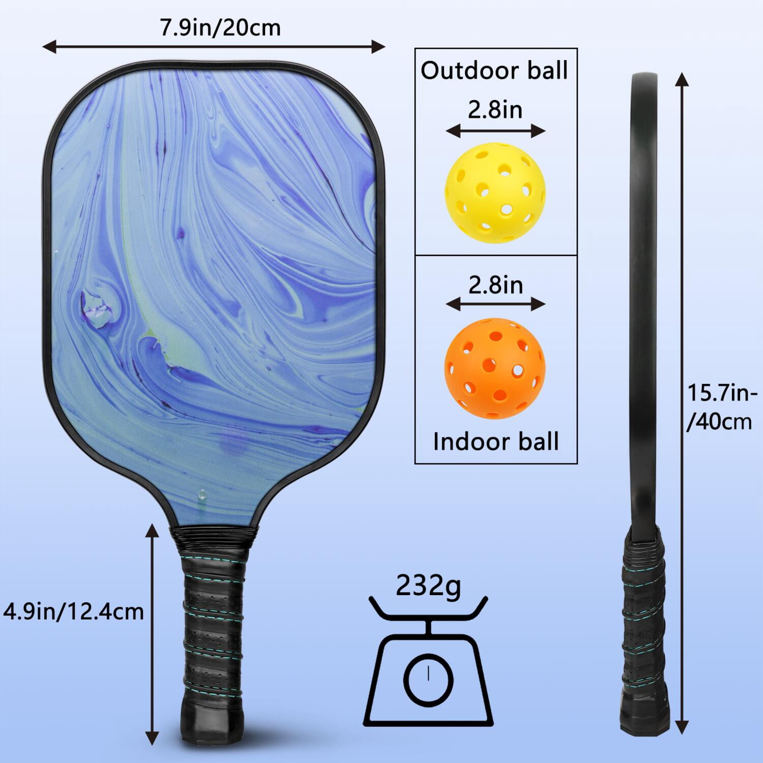 Pickleball Paddles Set Of 2, Fiberglass Surface, Liquid & Marble Print, 4 Balls & Bag