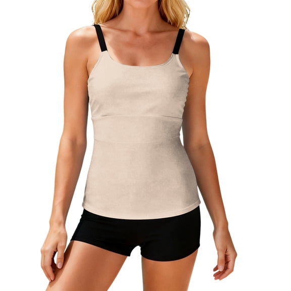 JULMCOMO Tankini Swimsuits for Women Solid Scoop Neck Adjustable Strap Beach Two Piece Swimsuit Summer Vacation Bathing Suit Beige 2XL