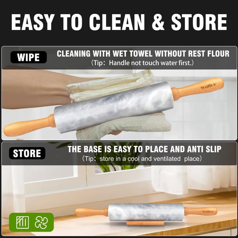 Walfos 16.5" Marble Rolling Pin With Wooden Handles – Non-Stick Dough Roller For Pizza, Pastry