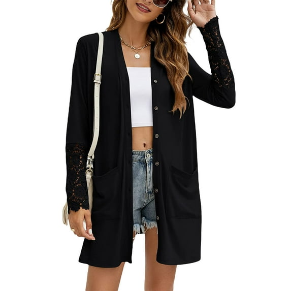 Franhais Women's Casual Knit Cardigan with Lace Flower Patchwork Long Sleeve Ladies Single Breasted Button Open Cardigan(S-2XL)