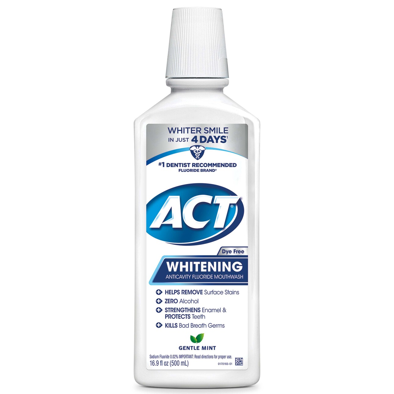 ACT Whitening + Anticavity Fluoride Mouthwash, Gentle Mint, Alcohol Free and Dye Free, 16.9 fl. oz. - image 3 of 9