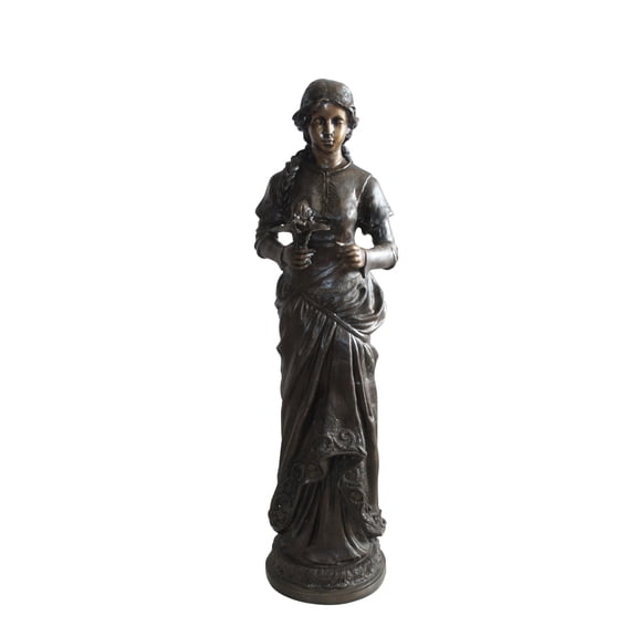 Nifao Classic Bronze Statue, Elegant Young Girl holding flowers – Home Office Decor Sculpture, 13"L x 14"W x 39"H