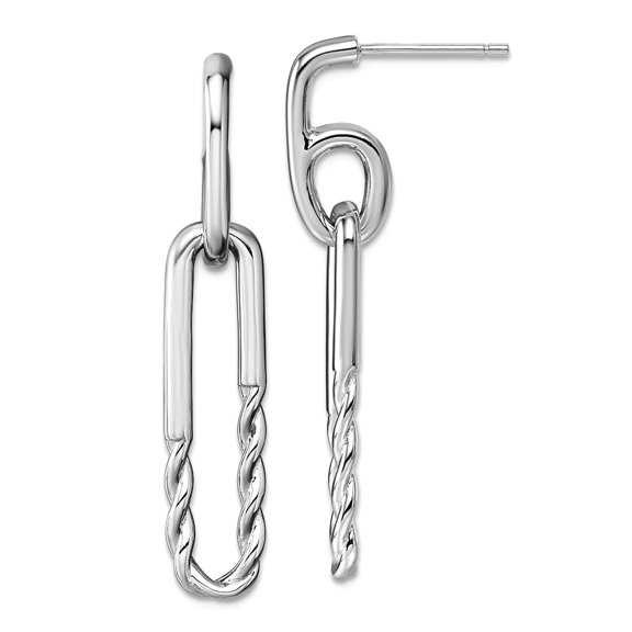 925 Sterling Silver Rhodium Plated Twisted Paper Clip Dangle Post Earrings 38.6x7.5mm Wide Clip on Earring for Women