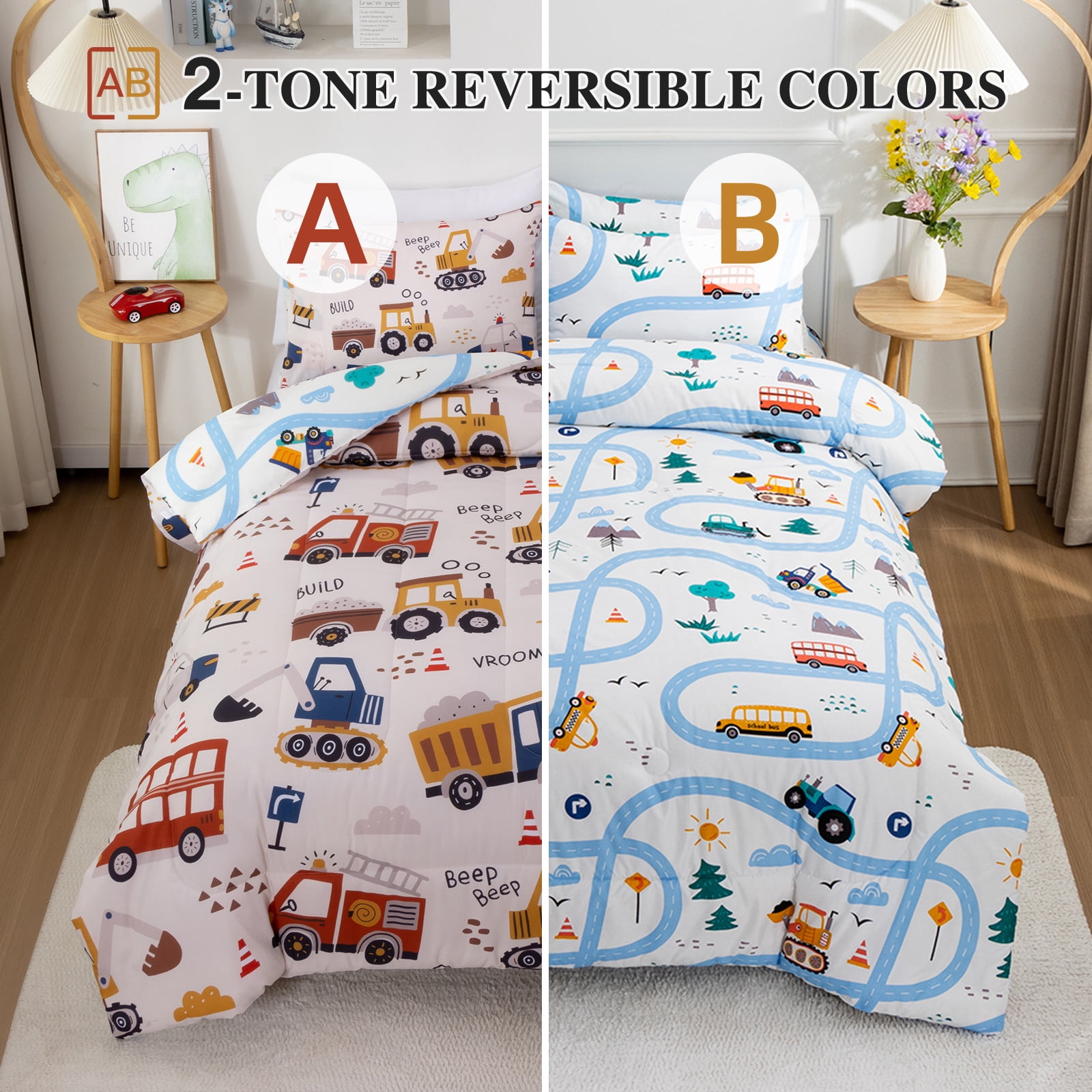 Btargot 3 Piece Bus Truck Twin Comforter Set for Boys Kids Vehicles Excavator Police Car Bedding Set