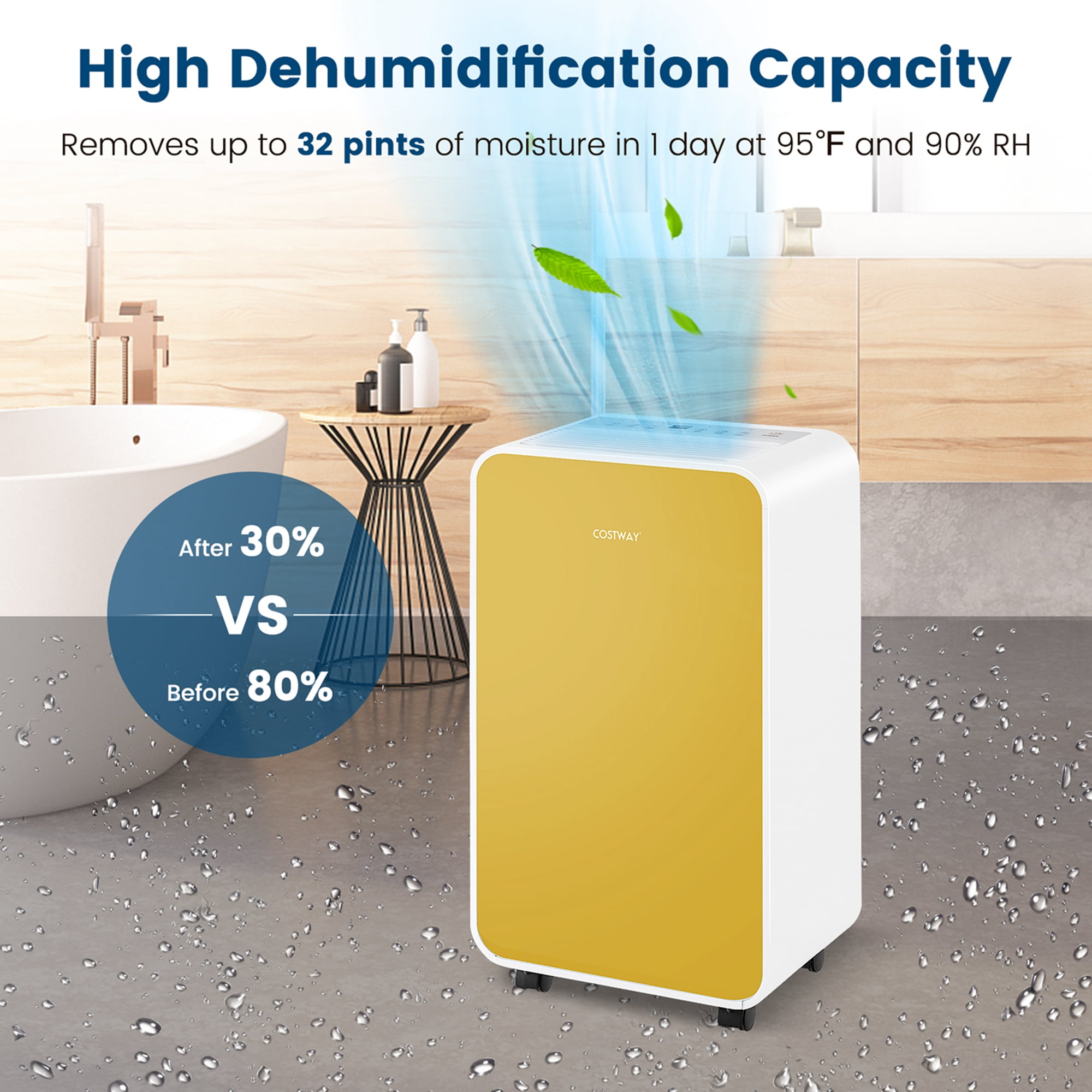 Costway 32 pt 2500 sq ft Dehumidifier in Yellow - Portable