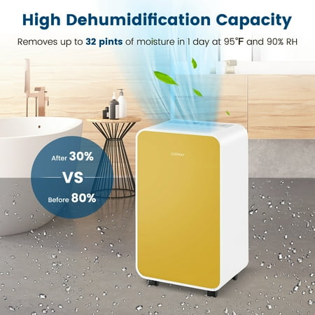 Costway Dehumidifier for Home Basement 32 Pints/Day 3 Modes Portable up to 2500 Sq. Ft Yellow - Yellow