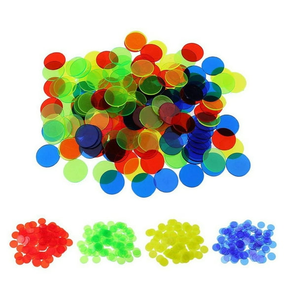 100 piezas de accesorios para juegos de bingo transparentes y coloridos, contadores de fichas de bingo, suministros de bingo de plástico, fichas de bingo de colores variados.