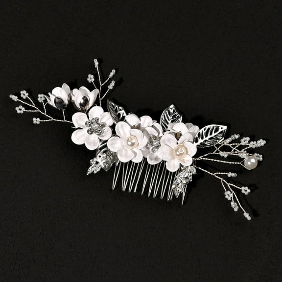 Nvzi-c Bridal Flower Wedding Hair Pins Crystal Pearl Hair Combs Clips Headpiece Gold Wedding Hair Accessories Jewelry with Rhinestone for Brides Bridesmaids Women (Silver white)