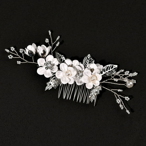 Nvzi Horquillas para el pelo de boda con flores para novias, peinetas con perlas de cristal, pinzas para el pelo, accesorios para el pelo de boda dorados, joyas - Plata blanca