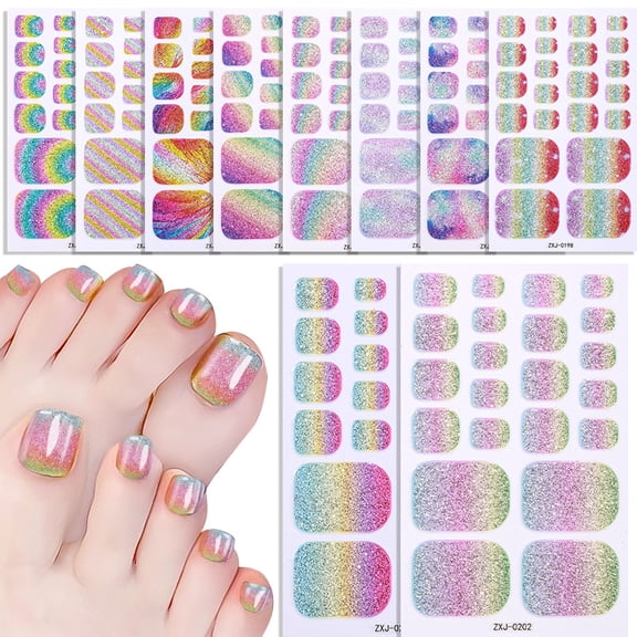 Glitter Toe Nail Wraps Tutuviw 5 Sheets Self-Adhesive Toe Nail Polish Stickers Colorful Nail Art Decals Strips Glittery Manicure Kit with 5 Styles and Nail Files Full Wrap Toenail Decals for Women