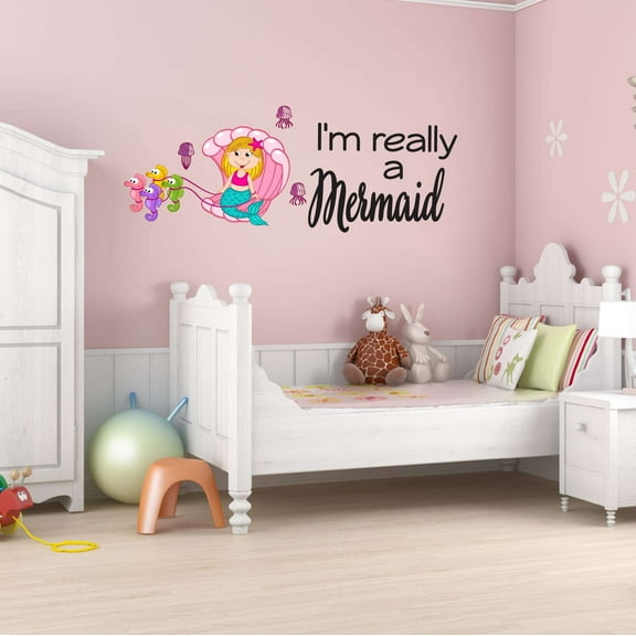 I'm Really A Mermaid Half Shell Seahorse Sled Wishes Mermaids Vibes Seahorse Statfish Princess Fish Queen Sweet Dreams Bedtime Unicorn Dream Holiday Decorating Wall Decal Sticker - Size: 30 In X 12 In