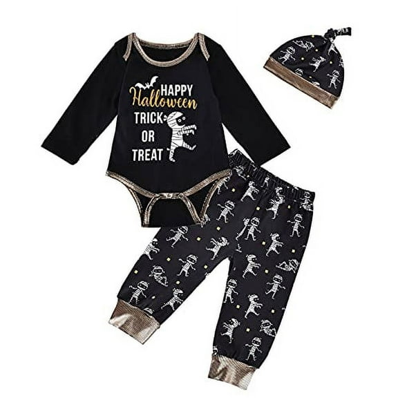 StylesILove Baby Boys Happy Halloween Mummy Print Black Long Sleeve Bodysuit, Pants, and Hat 3pcs Autumn Outfit (12 Months)