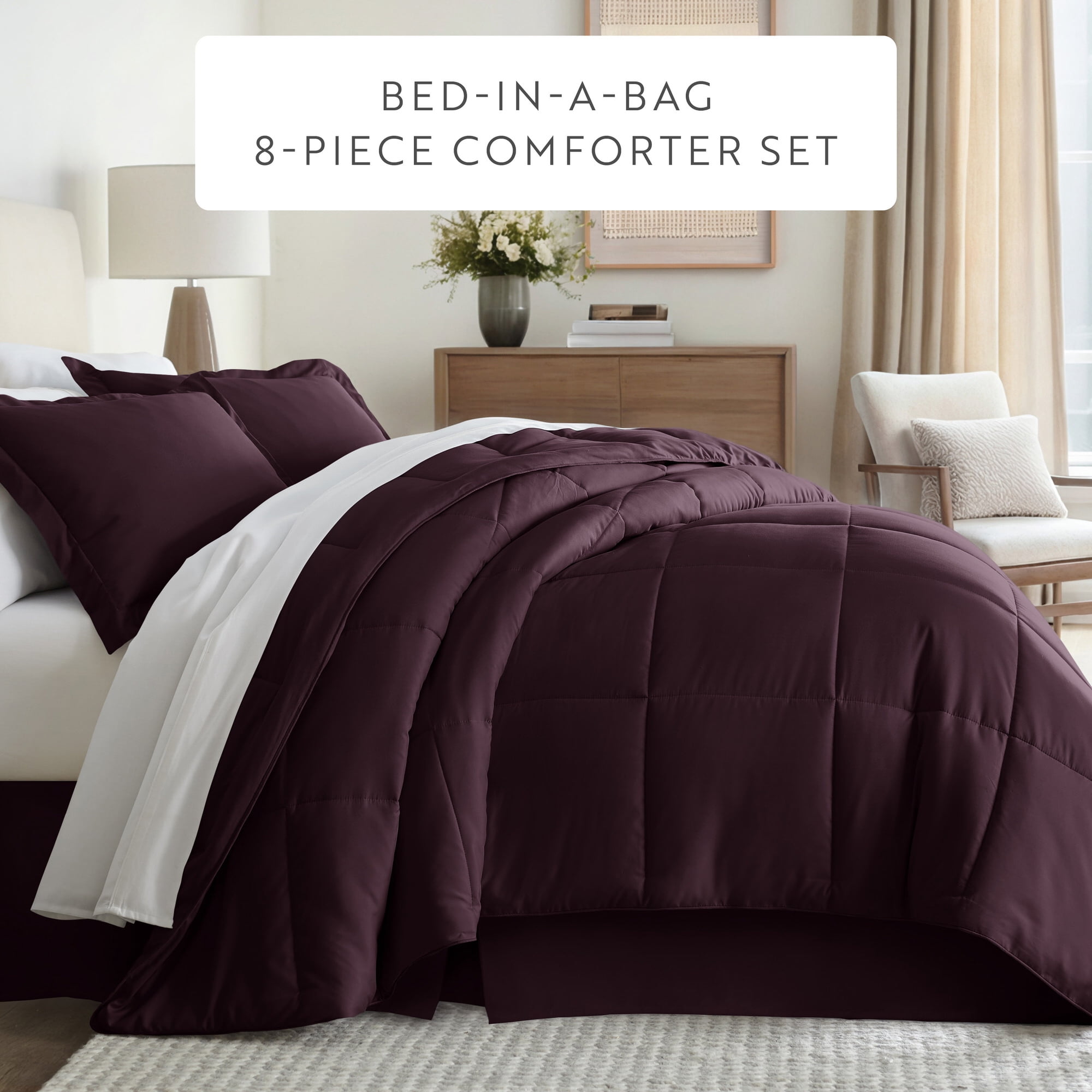 Noble Linens 8-Piece Purple Bed in a Bag Microfiber Bedding Set, Twin XL