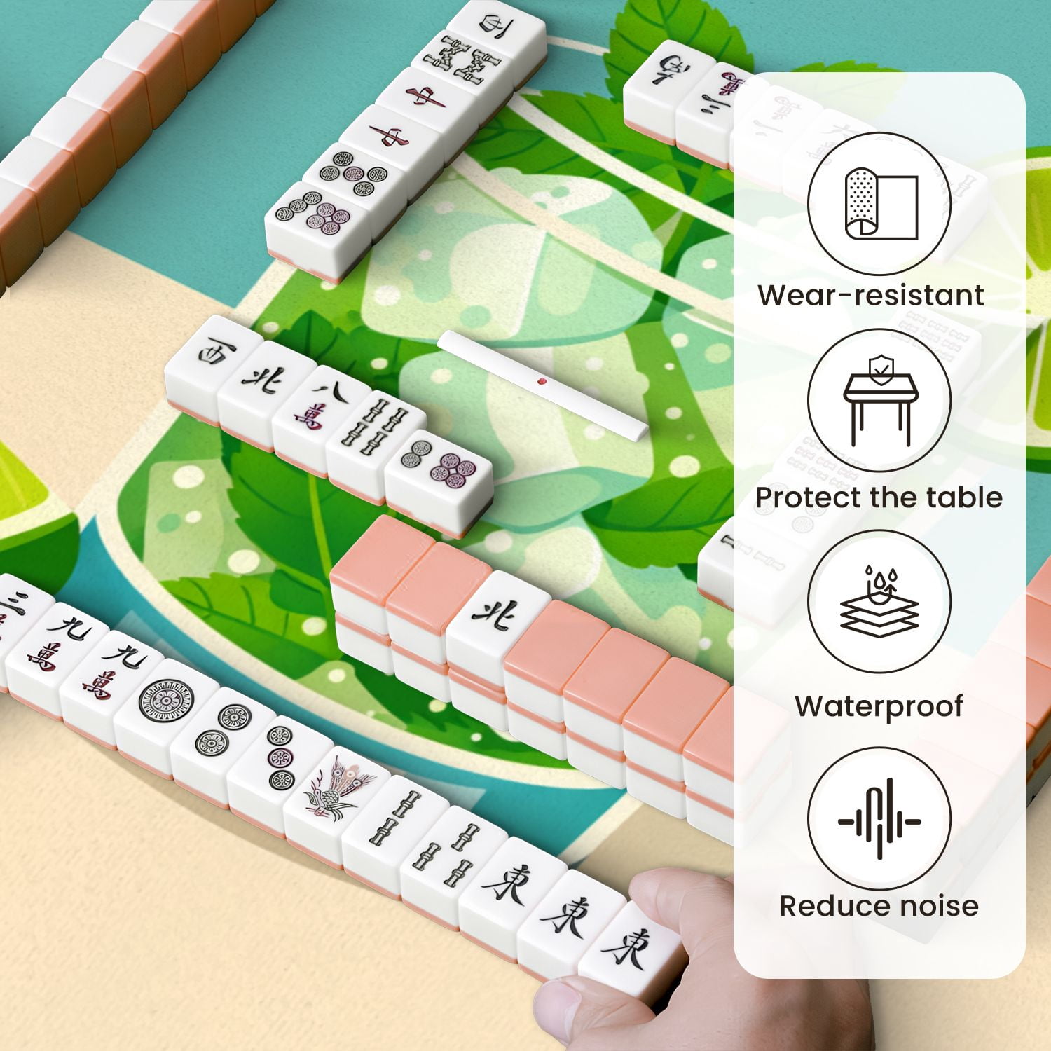 Mahjong Mat 31.5" x 31.5" Mint Mojito Cocktail Lime Ice Cubes Glass Non-Slip Noise Reduction Mahjong Tiles Table Cover for Dominoes Poker Card Board and Tile Games