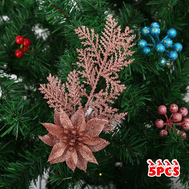 5Pcs Christmas Poinsettia Glitter Flower Pine Branches Tree Hanging Party Decor