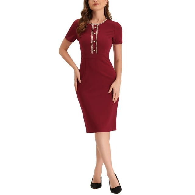 INSPIRE CHIC Robe Fourreau pour Femme de Travail/affaires à Bordure en Tweed, Col Rond, Manches Courtes, Bourgogne, P