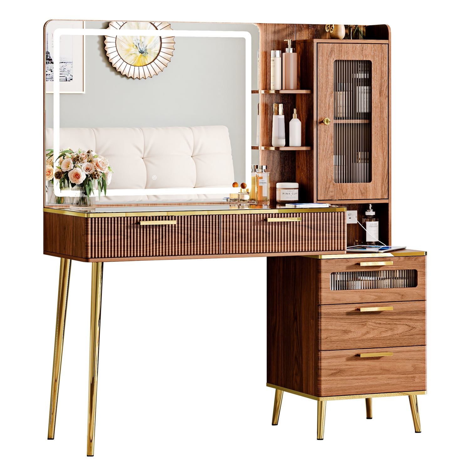 Arulvmrn Vanity Desk with 29.53" HD Lighted Mirror, 47.24" Big Modern Vanity Desk with Mirror and Lights, Makeup Vanity with 5 Drawers and Storage Shelves and Charging Station, Walnut