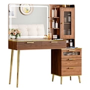 Arulvmrn Vanity Desk with 29.53 HD Lighted Mirror, 47.24 Big Modern Vanity Desk with Mirror and Lights, Makeup Vanity with 5 Drawers and Storage Shelves and Charging Station, Walnut