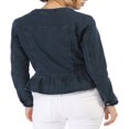 thumbnail image 3 of Allegra K Women‘s Round Neck Button Down Ruffled Hem Cropped Washed Denim Jacket, 3 of 6