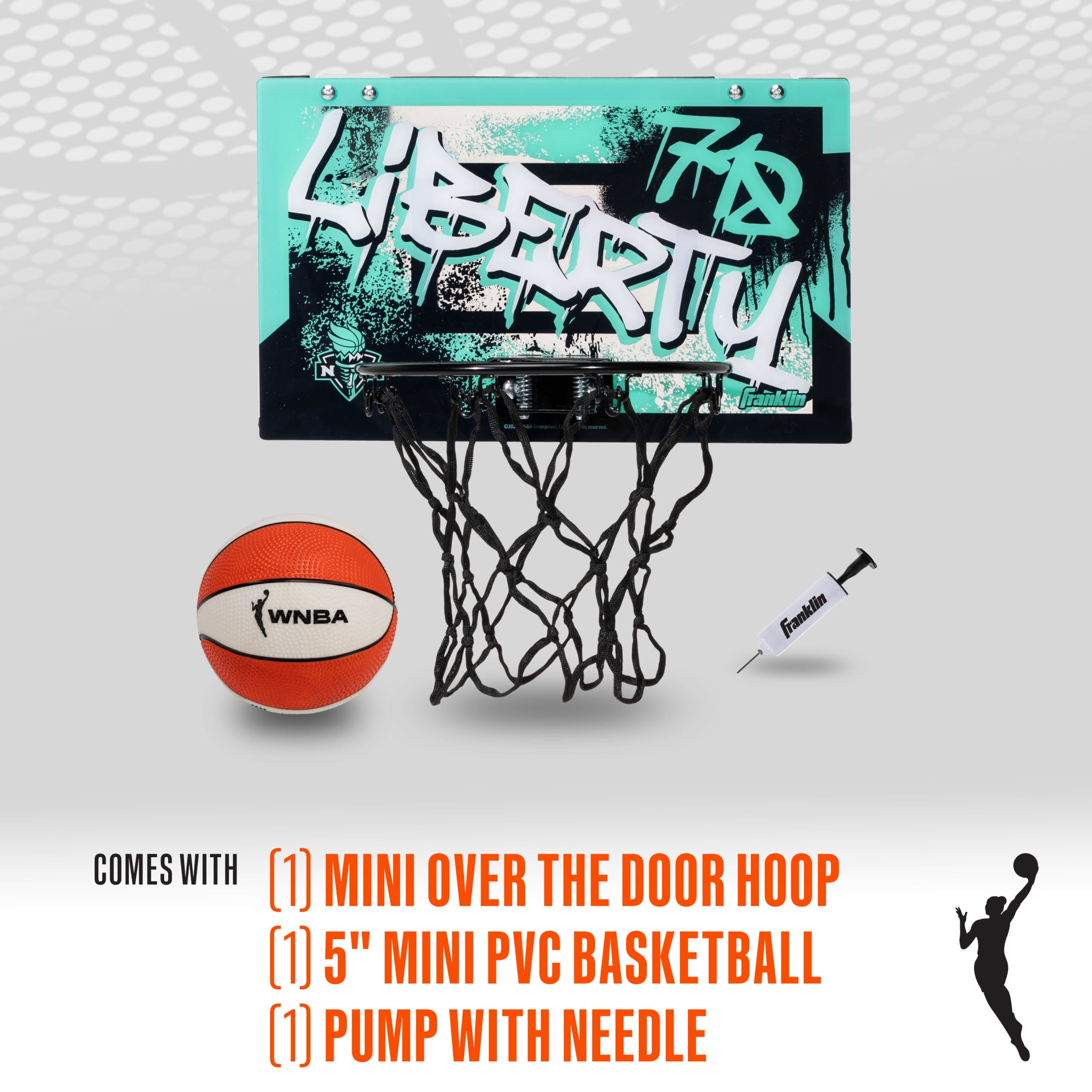 Franklin Sports WNBA New York Liberty Over the Door Basketball Hoop - Kids Indoor Basketball Hoop with Mini Ball - WNBA Fan Shop Mini Hoop for Bedroom + Office