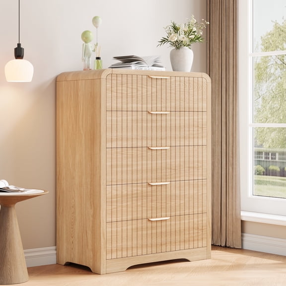 Hijob Fluted 5 Drawers Dresser for Bedroom, 42" Tall Dressers with Metal Handle w/Curved Profile Design, Wood Mid Century Vertical Dresser w/Natural Texture for Bedroom, Living Room, Natural Oak