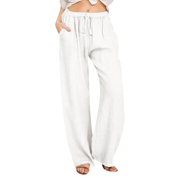 Pantalones casuales SCZ de pierna recta para Mujer color sólido con bolsillos blanco S