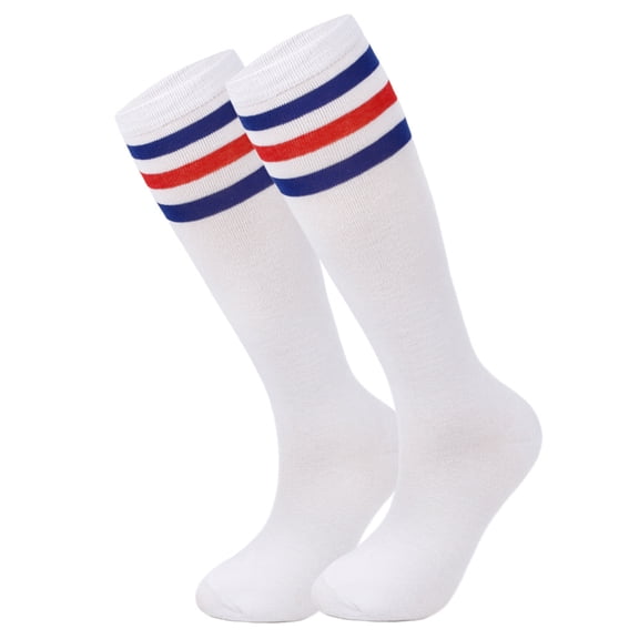 Namzi 1-Pair Knee High Athletic Socks - One Size Fits Most, Knee High Sports Socks for Baseball Football, Soft Cotton-Polyester Spandex Blend Socks,White Blue Red