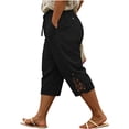 thumbnail image 2 of Women's Plus Size Casual Solid Lace Trim Drawstring 3/4 Pants, Cotton Linen Blend Summer Capris, Soft Elastic Waist Side Pockets, Lightweight Breathable for Work Walking | TruHer,Black XL, 2 of 6