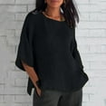 thumbnail image 2 of DDAPJ pyju Linen Shirts for Women Basic Solid Casual 3/4 Sleeve Tops Loose Fit Round Neck Blouses Breathable Beach Shirt Resort Wear Black XXL, 2 of 7