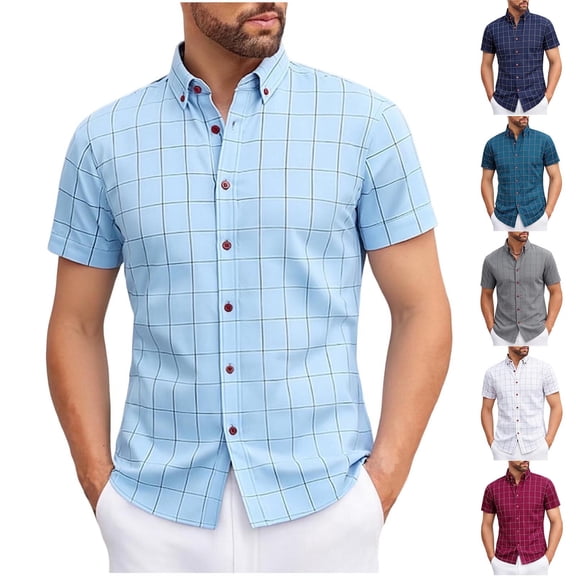 oelaio Mens Cotton Plaid Shirt Short Sleeve Business Casual Button Down Shirts Regular Fit Untucked Dress Shirt White L