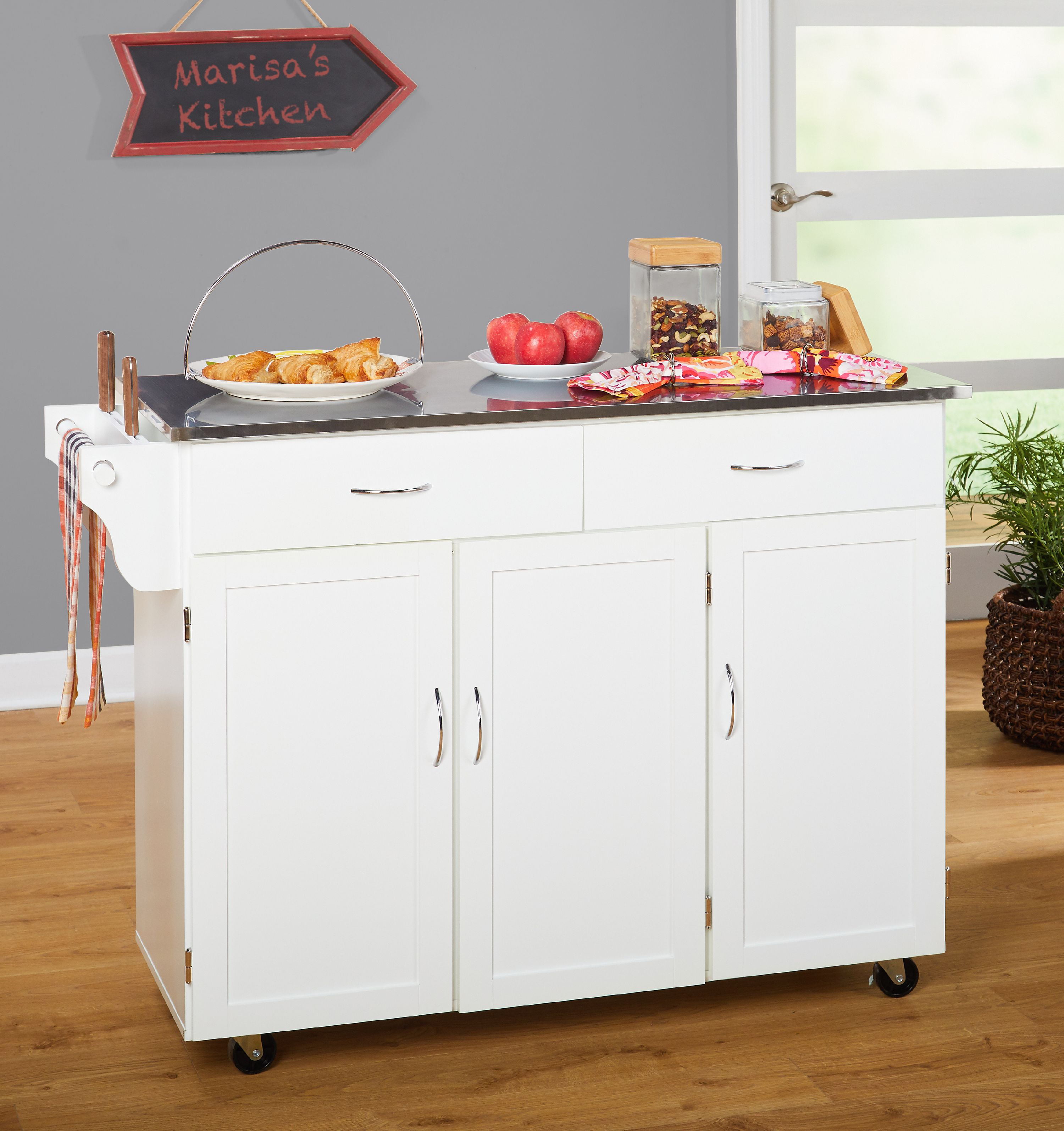 Stainless Steel and White Q-Max SH1540 Q-Max Stainless Steel and White Finish Wheeled Kitchen Island Cart with Drawers and Open Storage 