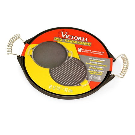 

Victoria Reversible Cast Iron Round Griddle with Removable Cool-Touch Handles 100% NON-GMO Flaxseed Oil Seasoning GDL-156 12.5 inch
