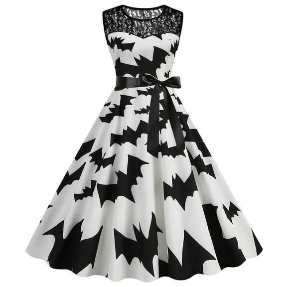 WTOBBY Women's Hepburn-Style Retro Lace Round Neck Sleeveless Halloween Printed Dress Elegant Vintage Inspired Party Wear,White S
