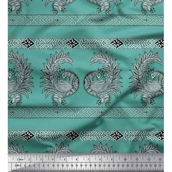 Soimoi Japan Crepe Satin Fabric Peacock Block Print Fabric by The Yard 42 Inch Wide