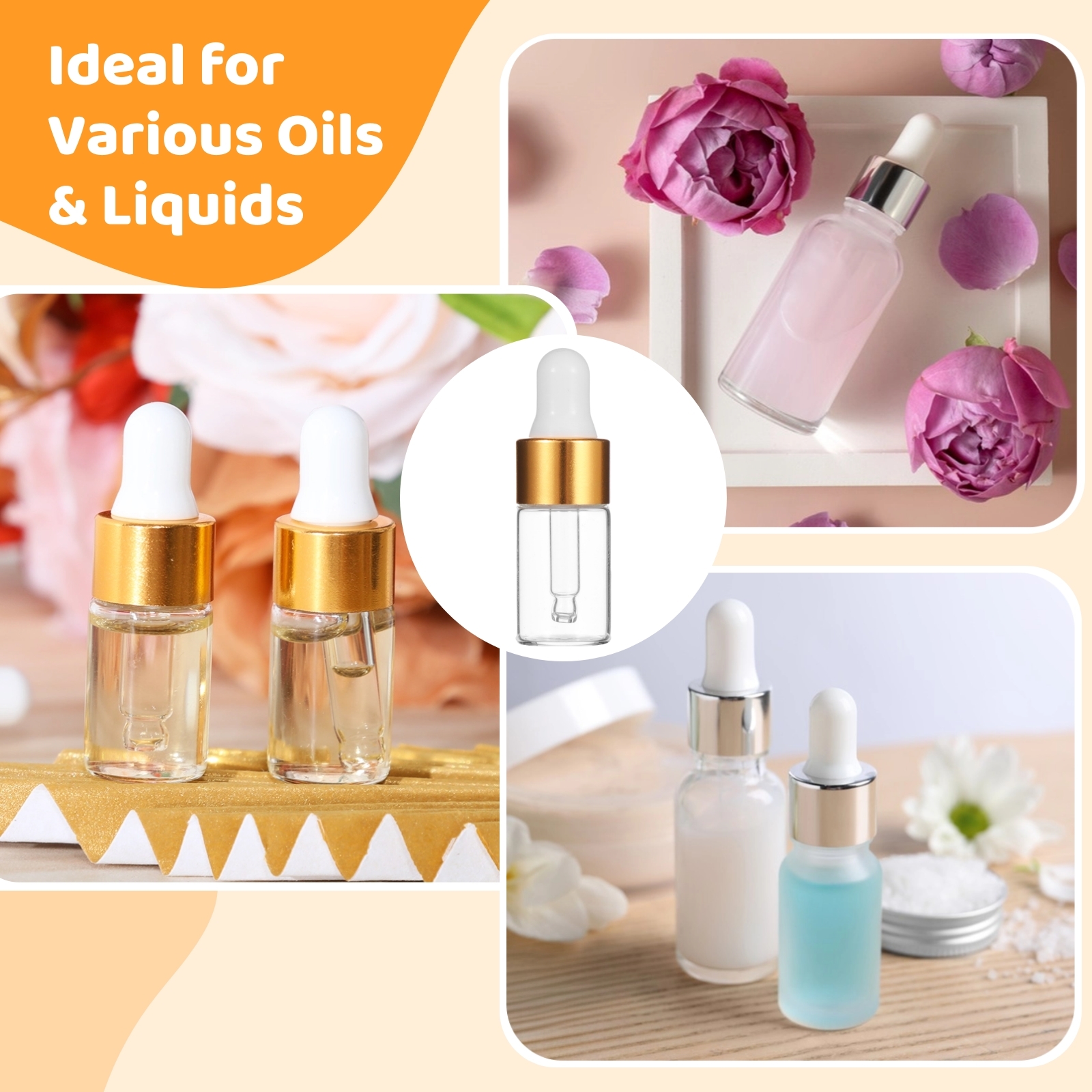 100 Pcs Mini Glass Dropper Bottle, Essential Oil Dropping Bottles, Empty Travel Sample Vials, Tiny Glass Storage Jars with Droppers, incture Bottles with Caps for Perfume, Cosmetic Liquid