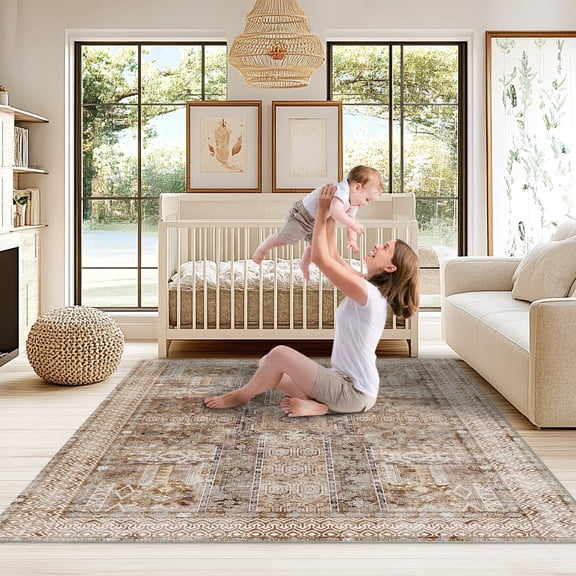 ZENELESS Machine Washable Rug for Living Room, 6x9 Light Brown Non Shedding Plush Carpet for Living Room, Bedroom, Dining Room