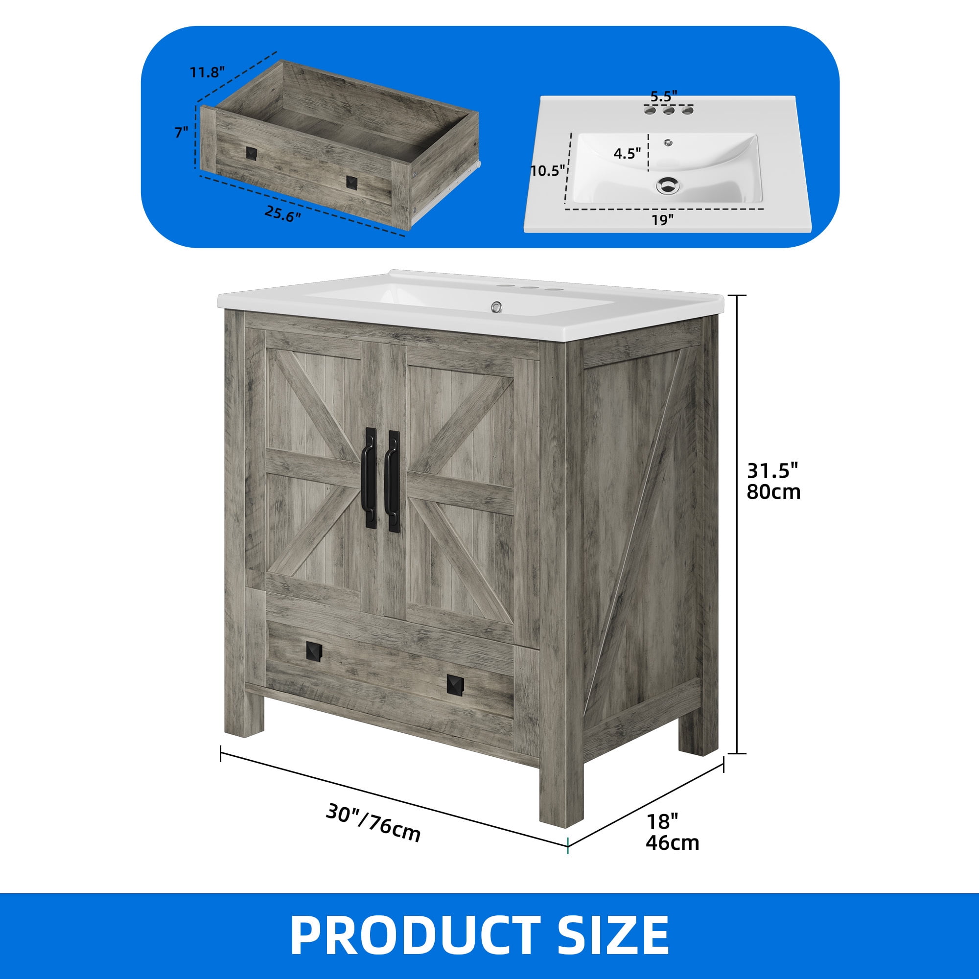 Dextrus 30" Bathroom vanity with Sink Top, Farmhouse Bathroom Storage Cabinet with Drawers, Gray
