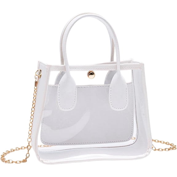 Women Clear Crossbody Bag 2 in 1 Designer White PU Leather Handbag Transparent PVC Shoulder Purse Fashion Tote Bag with Top Handles White