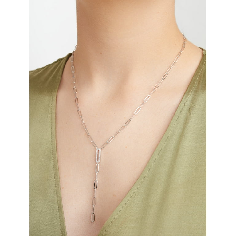 Forever Facets CZ Paperclip Lariat Necklace Hand Set in Sterling