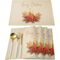 Christmas Placemats Set of 6, Candle Snowflake Placemat for Dining Table Decorations, Cotton Linen Vintage Evergreen Trees Place Mats, Xmas Table Mats for Kitchen Dinner Holiday Party Decor Gift