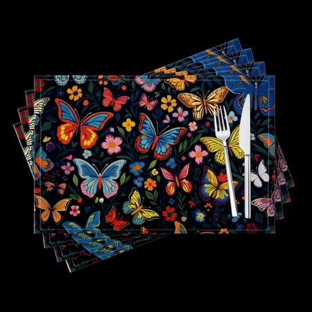 

BaHomeck placemats Set of 4 Colorful Butterflies And Flowers Illustrated In The Style Of Folk Art Cotton Linen rectangle Placemats for Kitchen Dining Table Indoor Outdoor 18*12inch