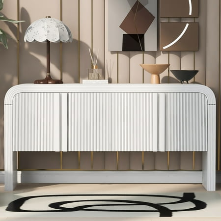 Lunale 63" Storage Cabinet with 4 Striped Doors, Sideboard Buffet with Metal Handles for Living Room, White