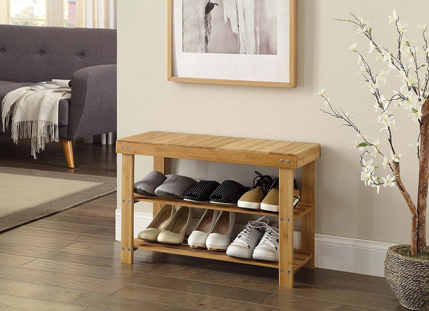 3-Tier Entryway Organizer Shelf with Storage Drawer,Holds Up to 280Lbs for Hallway Bedroom Living Room,27.5x11x17.5 Bamboo Shoe Rack Bench